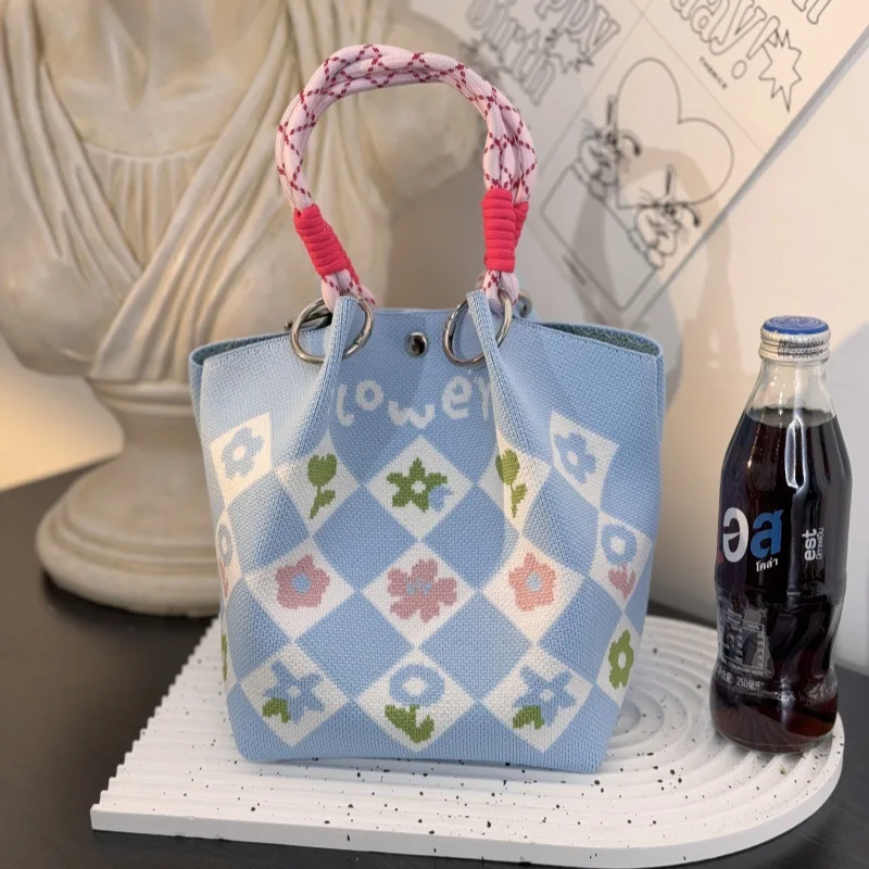 

Women'S Knitted Bag Floral Large Capacity Handbag Korean Knitted Tote Bag Magnetic Closure Floral Pattern Handbag For Office