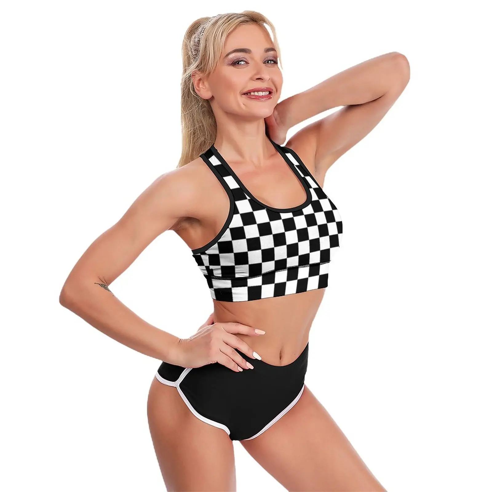 Black Checkerboard Women\'s U Neck Sport Bra Classic Black and White Checker Breathable Reinforced Raceback Crop Bras Fitness Top