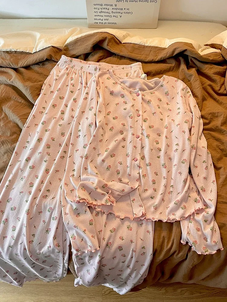 甘い花柄モーダルコットンパジャマ女性の長袖長ズボンホーム服セットプラスサイズ快適な通気性のある寝間着 1