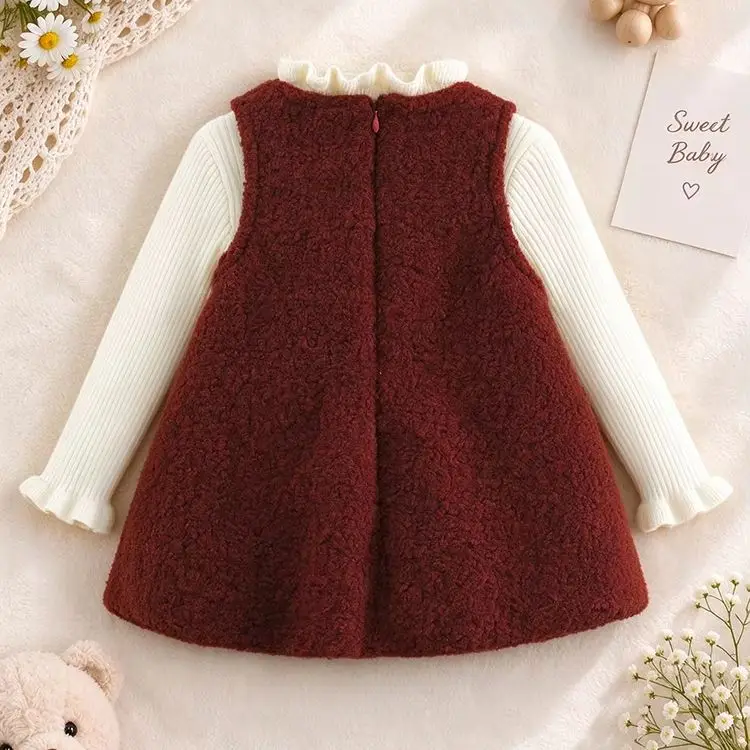 2Pcs/set Baby Girls Outfit Ruffle Mock Neck Knit Top Fleece Sleeveless Dress With Lace Bow Toddler Kids Fall Winter Clothes Set