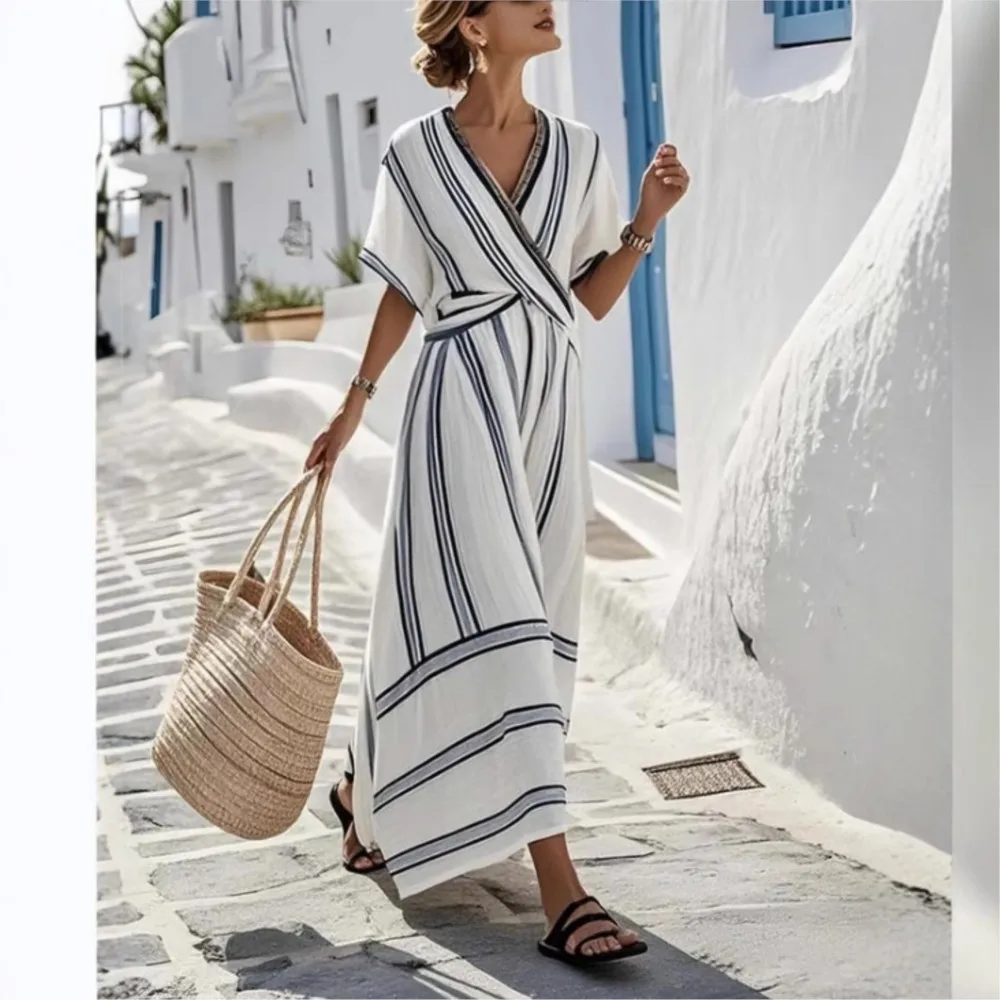 Sommerkleid für Damen mit V-Ausschnitt, Kurzen Ärmeln und Streifenmuster, Locker Geschnittenes A-Linien-Maxikleid mit Hoher Taille, Lässiges Elegantes Urlaubskleid