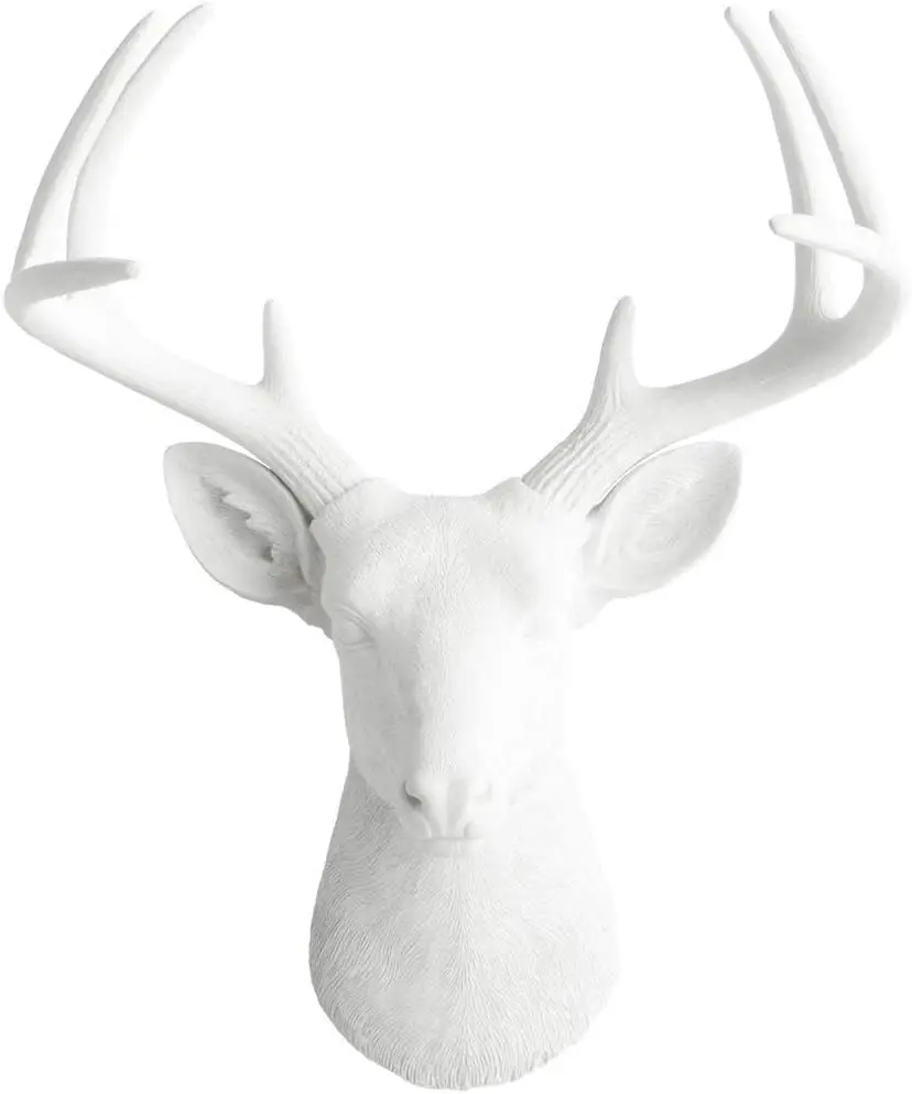 Deer Head Wall Mount, 21 Inch, White Resin Faux Taxidermy Sculpture, Animal Head Wall Decor