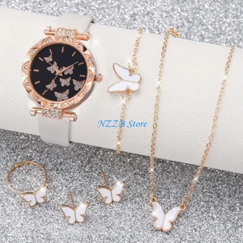 

T21F Women Watch Rhinestones Butterfly Rings Necklace Earrings Bracelet Set Leather