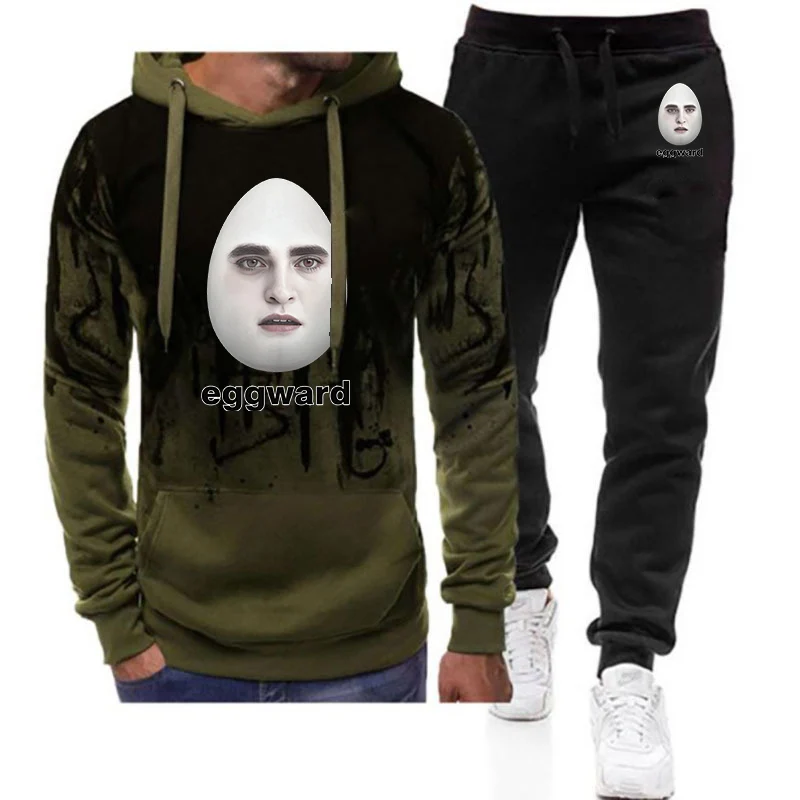 

2026 Hot Twilight Eggward Funny Print Spring And Autumn Men's New Harajuku Gradient Color Hooded + Pants Two Piece Suit