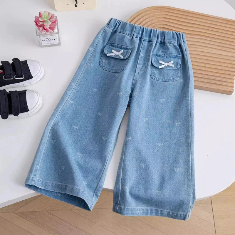 

Girls Bowtie Jeans Spring Cute Pants 2025 New Straight Pants Kids Sweet Casual Trousers Children Loose Fashion Clothes 3-12 Year