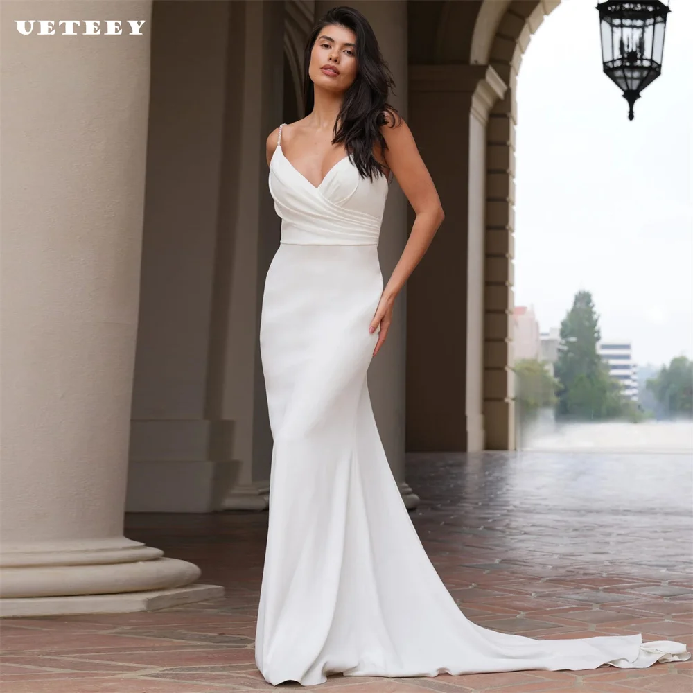 

UETEEY Customized Beaded V Neck Pleats Mermaid Wedding Dress Open Back Sleeveless Court Train Bridal Gown vestidos de novia