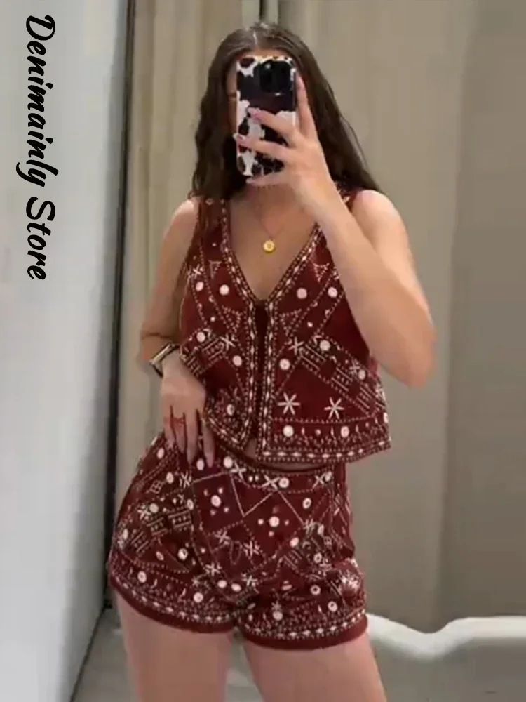 

Floral Print Shorts 2 Pieces Suit Women Vintage V-Neck Vest High Waist Short Pants 2025 Summer New High Street Woman Outfits
