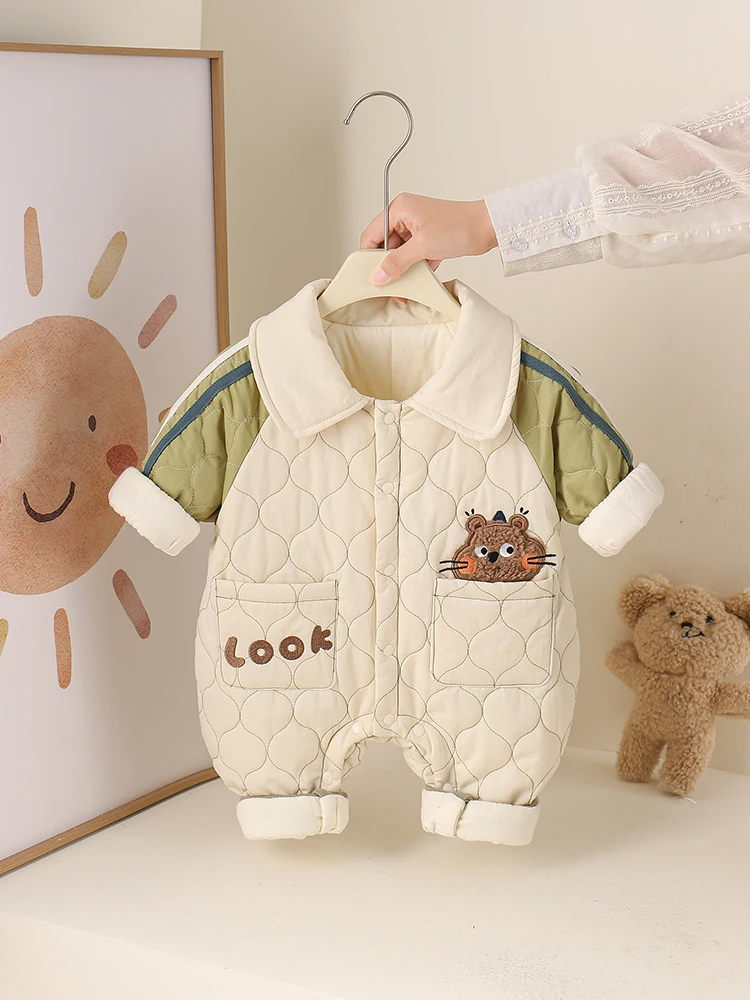 

Новый осенне-зимний комбинезон для новорожденных на флисовой подкладке с милым мультяшным принтом, теплый цельный костюм для малышей