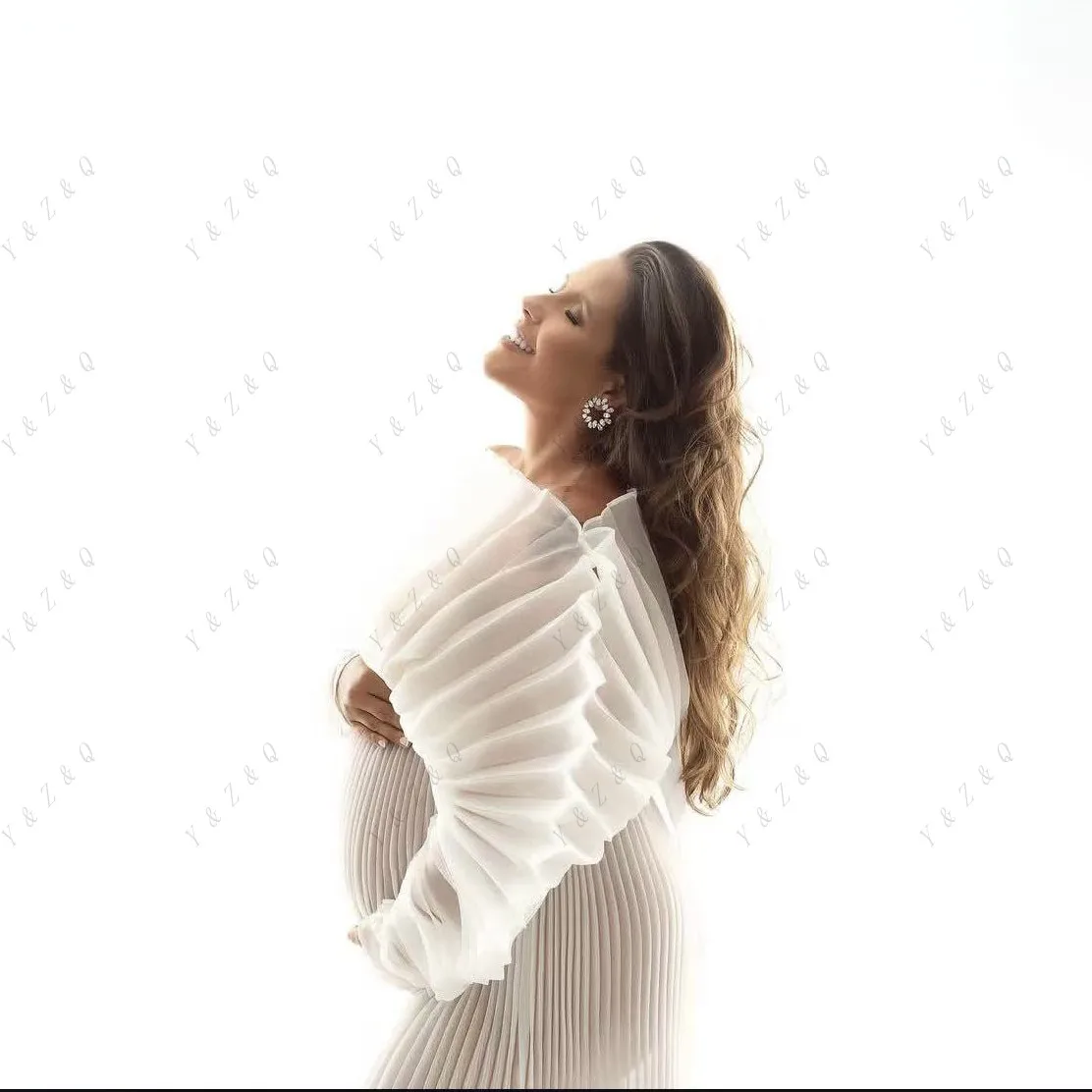 استحمام الطفل التصوير قبالة الكتف شير طويلة الأكمام فستان حمل التقطت الصور الأورجانزا الطية فستان الحوامل امرأة مثير