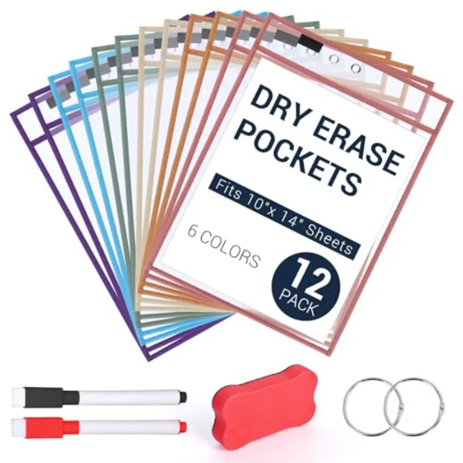 

12 Pack Boho Dry Erase Pockets Reusable Dry Erase Sleeves Document Holders with Marker Ring Dry Eraser for Home School Office S