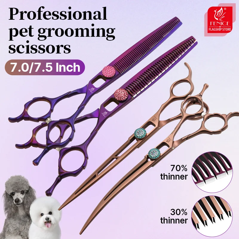 Fenice 7/7.5 Inch Hollow out Design Dog Grooming Scissors Kit Straight Thin Curved Chunker Trimming Scissors for Hairdressing Do