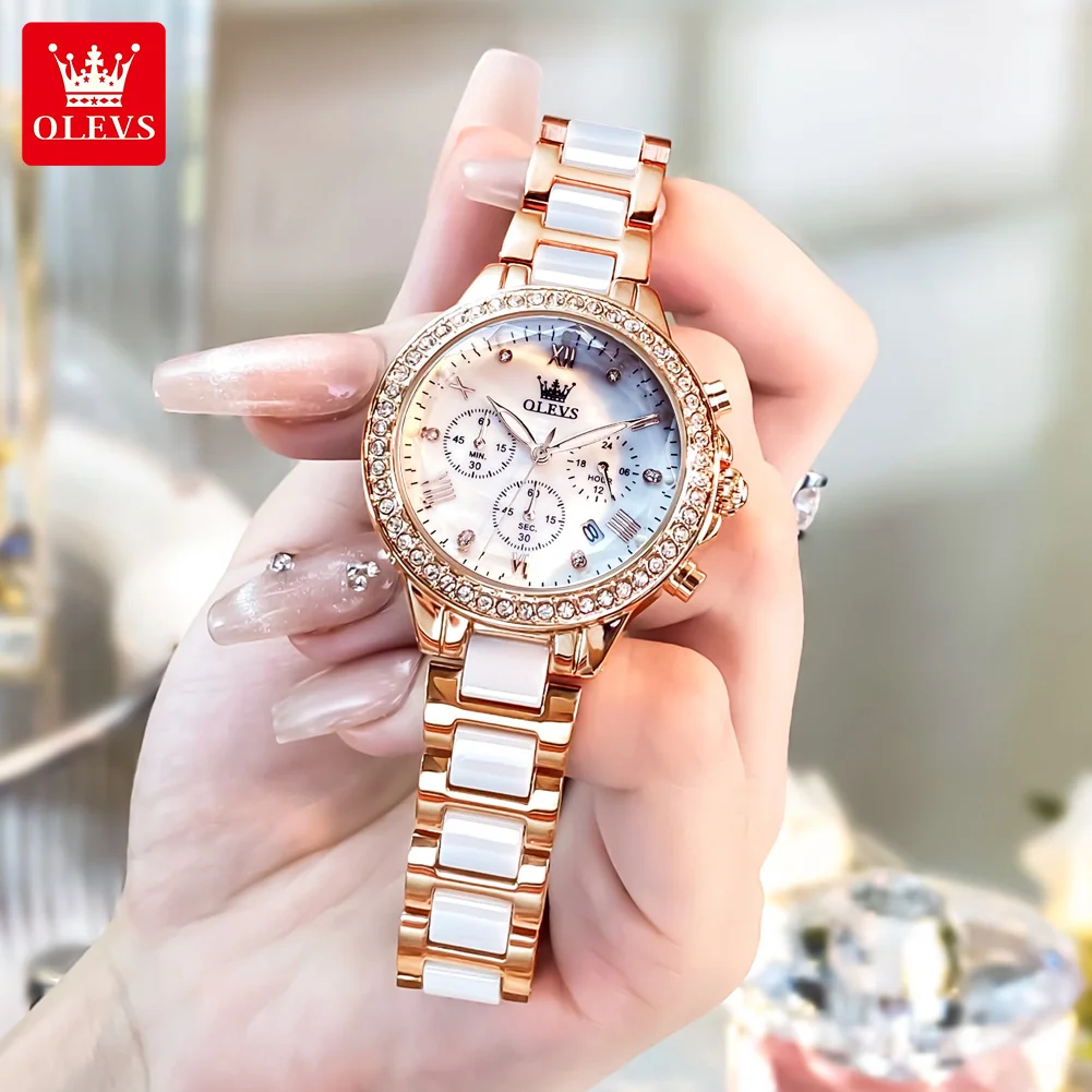 OLEVS 9999 Women Watch Luxury Quartz Wristwatch Ceramic Strap Waterproof Multifunctional Chronograph Ladies Watch Bracelet Set
