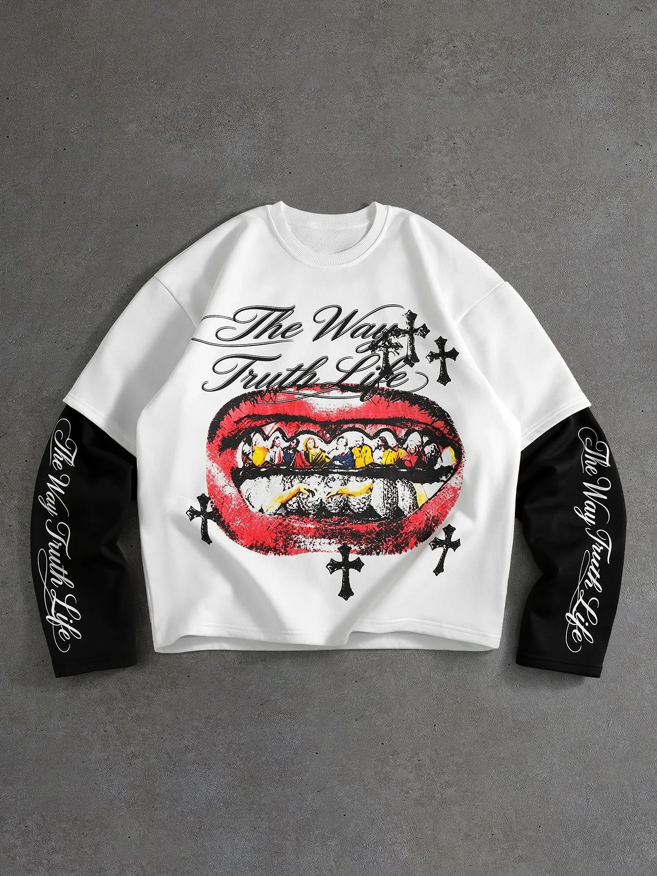 Stylish Gothic Fake Two‑Piece Long Sleeve Bold Red Eye Pattern Spliced Tee Autumn Hype Dark Punk Street Aesthetic Quality Tops
