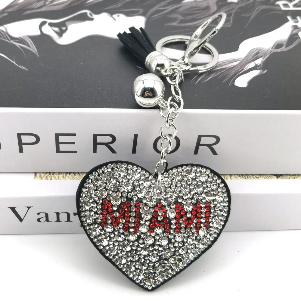 Miami Heart Keychain Leather Tassel Key Holder Metal Crystal Key Chain Keyring Charm Bag Auto Pendant Gift Wholesale Price