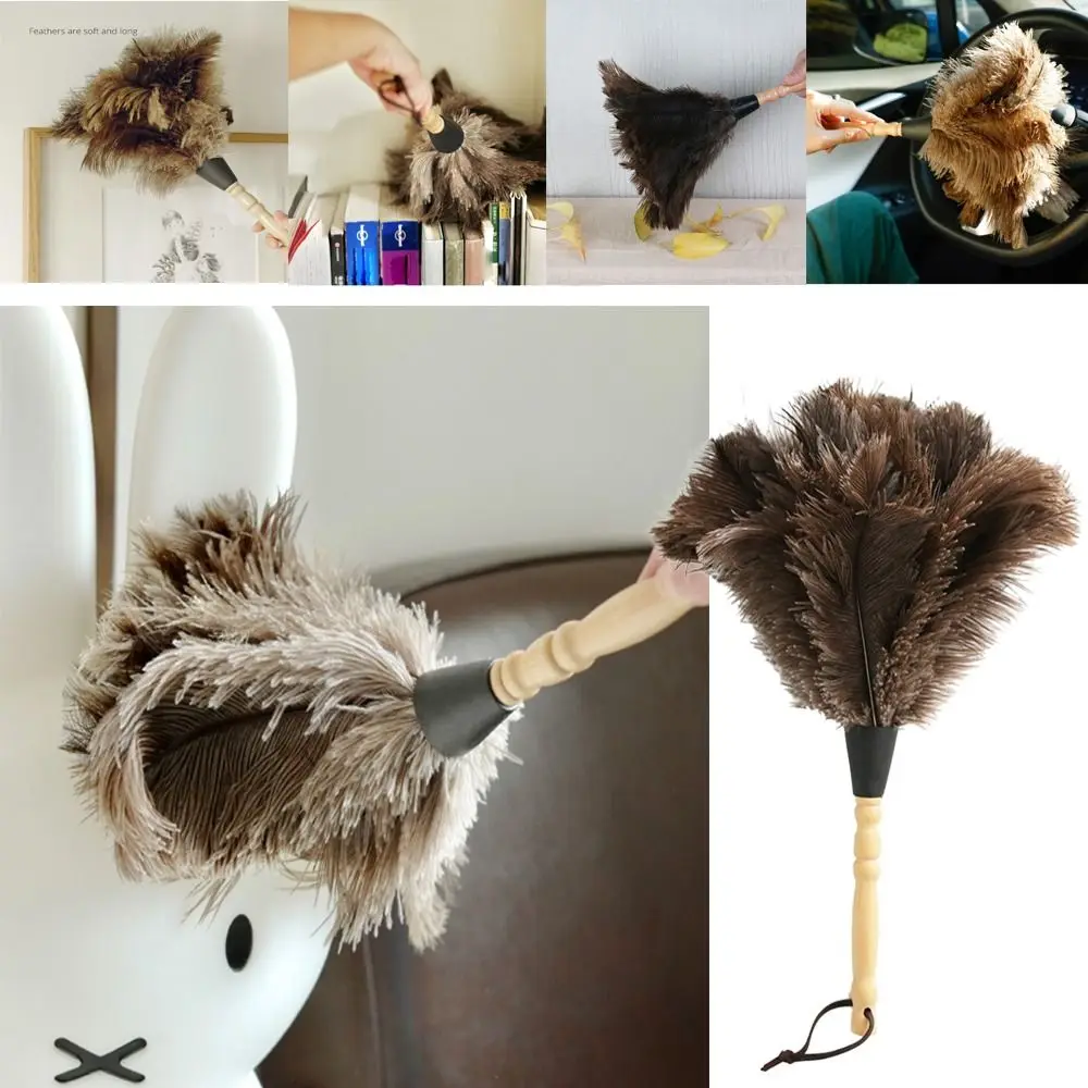 Anti-Static Ostrich Feather Brush Duster Dust Cleaning Tool Wooden Hand