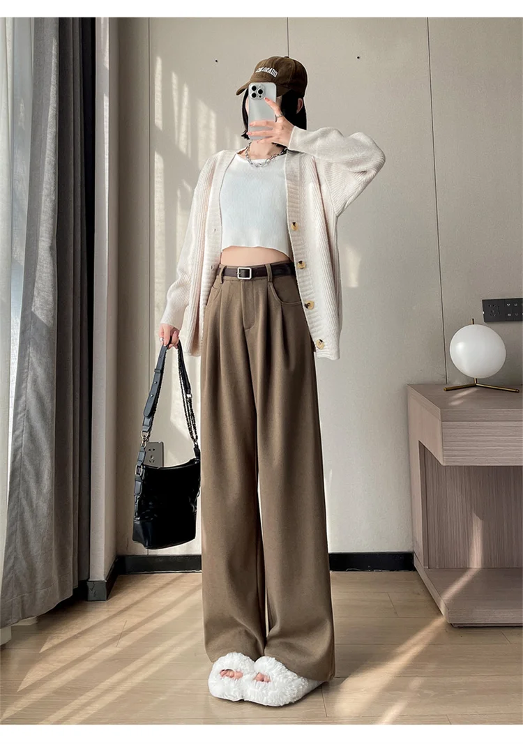 2023 Autumn and Winter New Wool Blended Wide-Leg Pants Straight Mopping Pants High Waist Slim Lengthened Casual Pants for Women