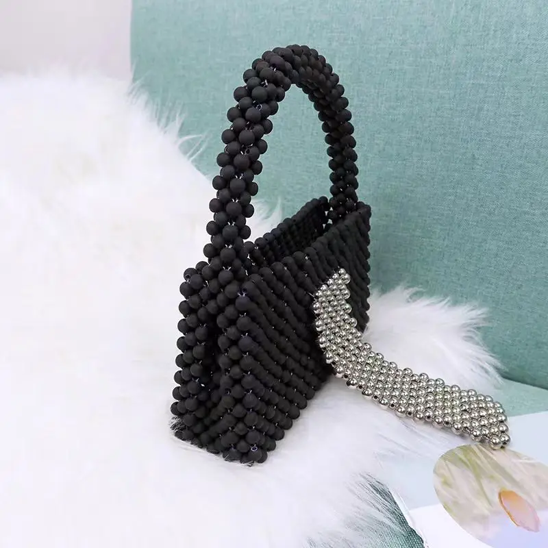 Hand-woven Silver Black Color Contrast Acrylic Beaded Handbag Luxury Design Women's Street Photo Square Small Bag Party Clutch