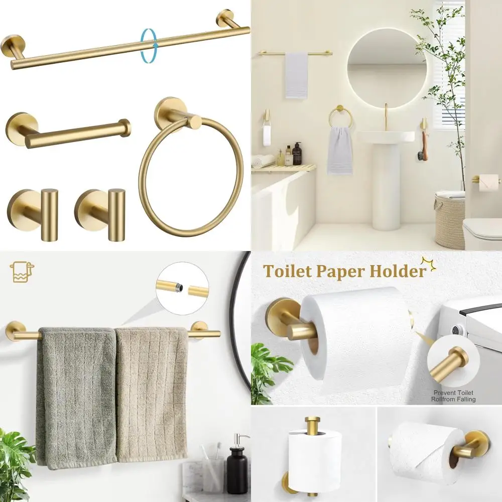 

TURS Brushed Gold 5 Piece Bathroom Hardware Set, SUS304 Stainless Steel 24 Inch Bath Towel Bar Set, Round Bathroom Accessories K