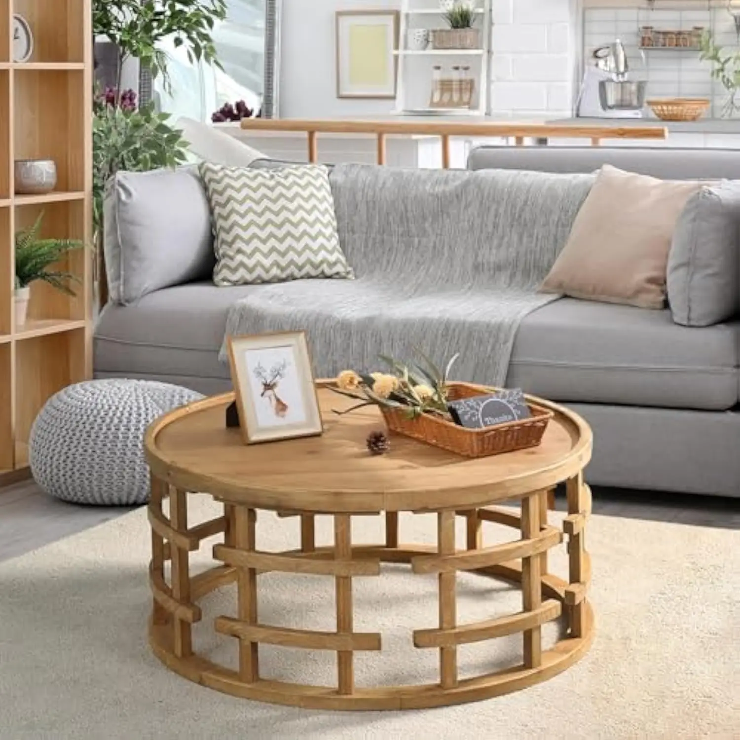 Farmhouse Round Coffee Table, French Country Sofa Tables,Rustic Soild Wood Finish with Openwork Pattern and Curved Frame Base,
