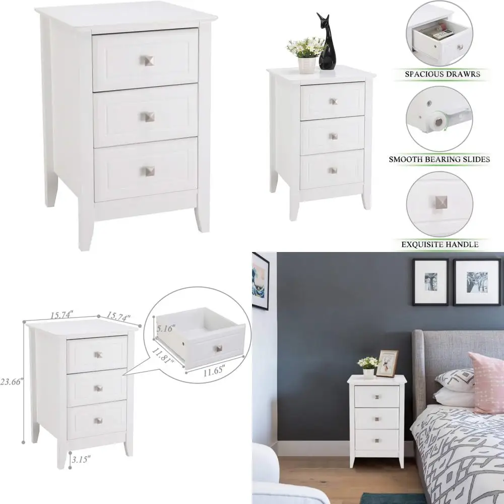 

"contemporary 3-drawer white wood nightstand with metal handles for bedroom"