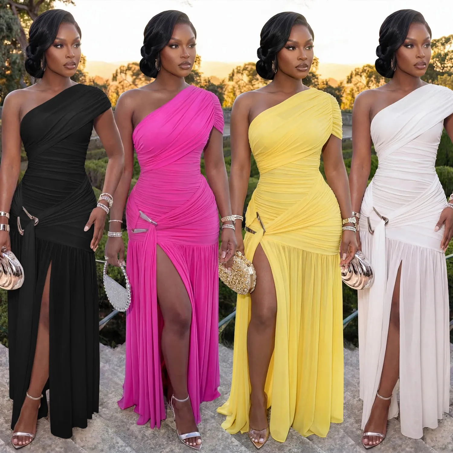 Sleeveless Oblique Neck Dress Mid Waist Elegant with Asymmetric Neckline Slim Fit Colorblock Maxi Length Dress Summer for Women