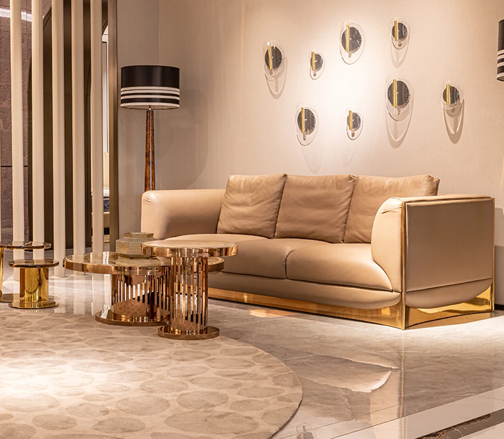 #￥MR Italian Modern Smile Fabric Sofa Set with Metal Base Light Luxury High-End Villa Large Flat Living Room Sofa Furniture