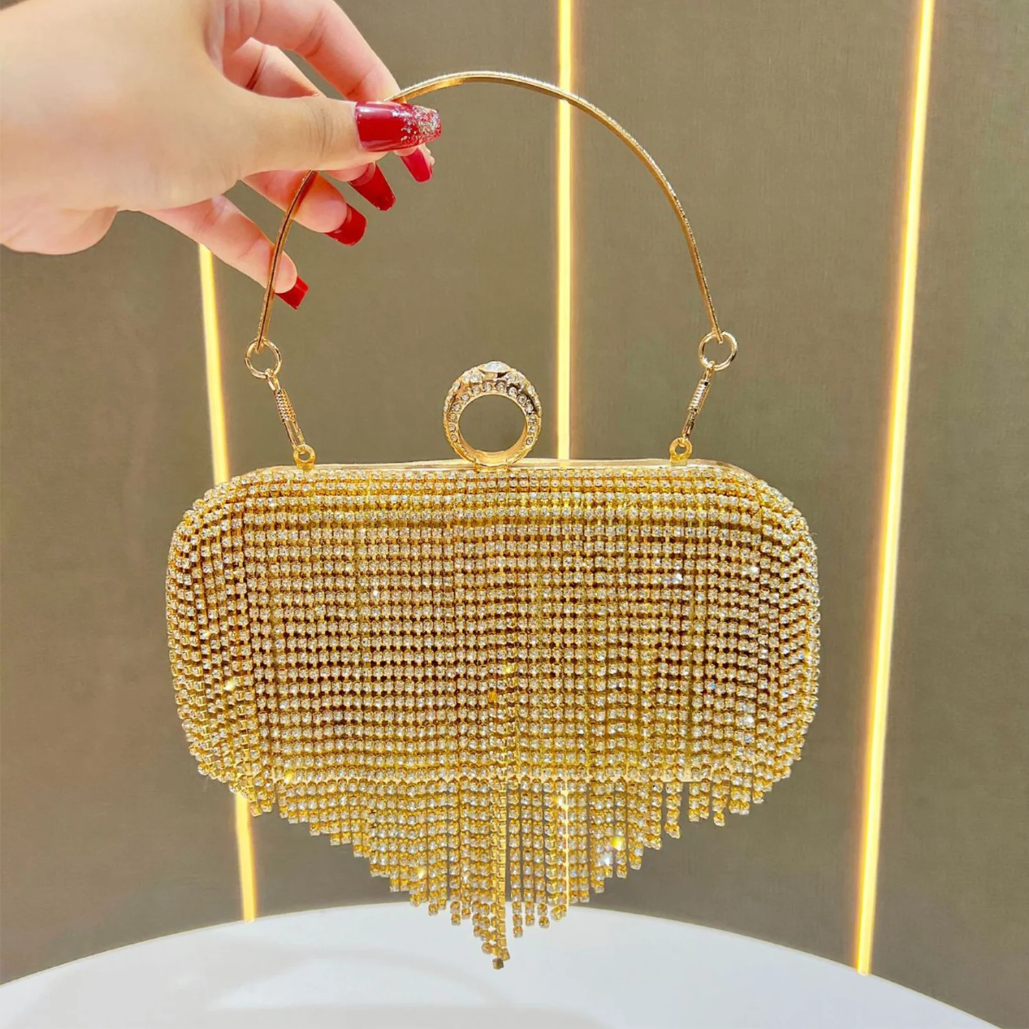 New Women's Formal Diamond-Embellished Tassel Evening Clutch Bridal Wedding Handbag Handheld Purse Prom Party One Shoulder Bag