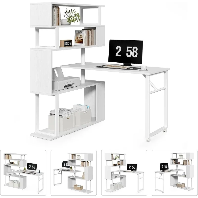 

Компьютерный стол L-образной формы с полками, поворотный стол с книжной полкой, двусторонний письменный стол и комбинация книжных шкафов