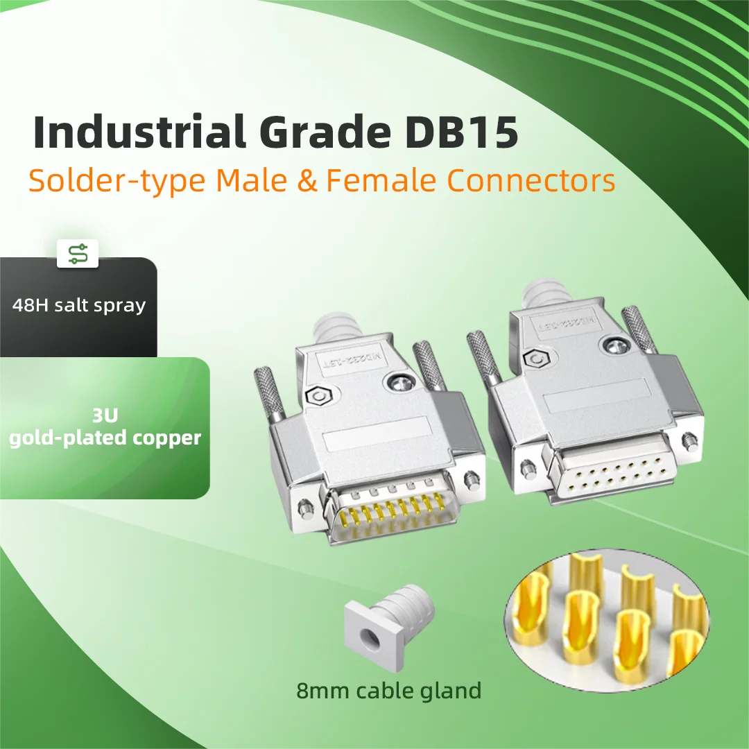 DB15 Connector Male Female 2 Row 15 Pin Industrial Solid Pin DB15 Serial Parallel Port Connector Metal Shell Plug Adapter