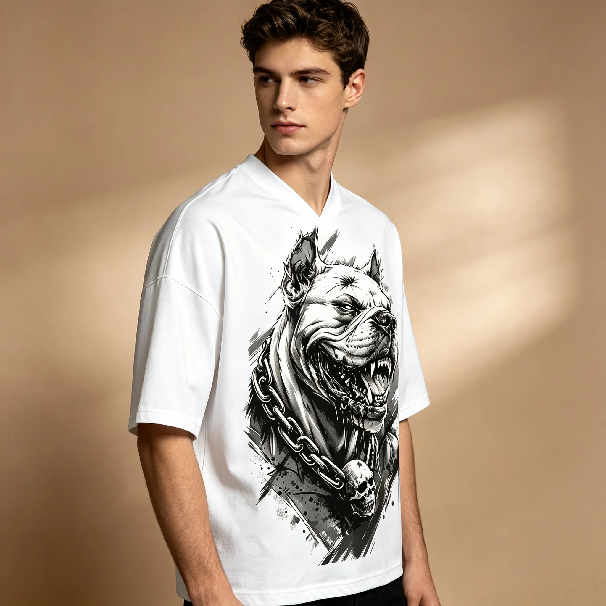 Men Oversized Flat V Neck Elbow Sleeve Tee, Ink Splash Pitbull Skull Chain Print, Punk Gothic Streetwear Summer Casual Tops