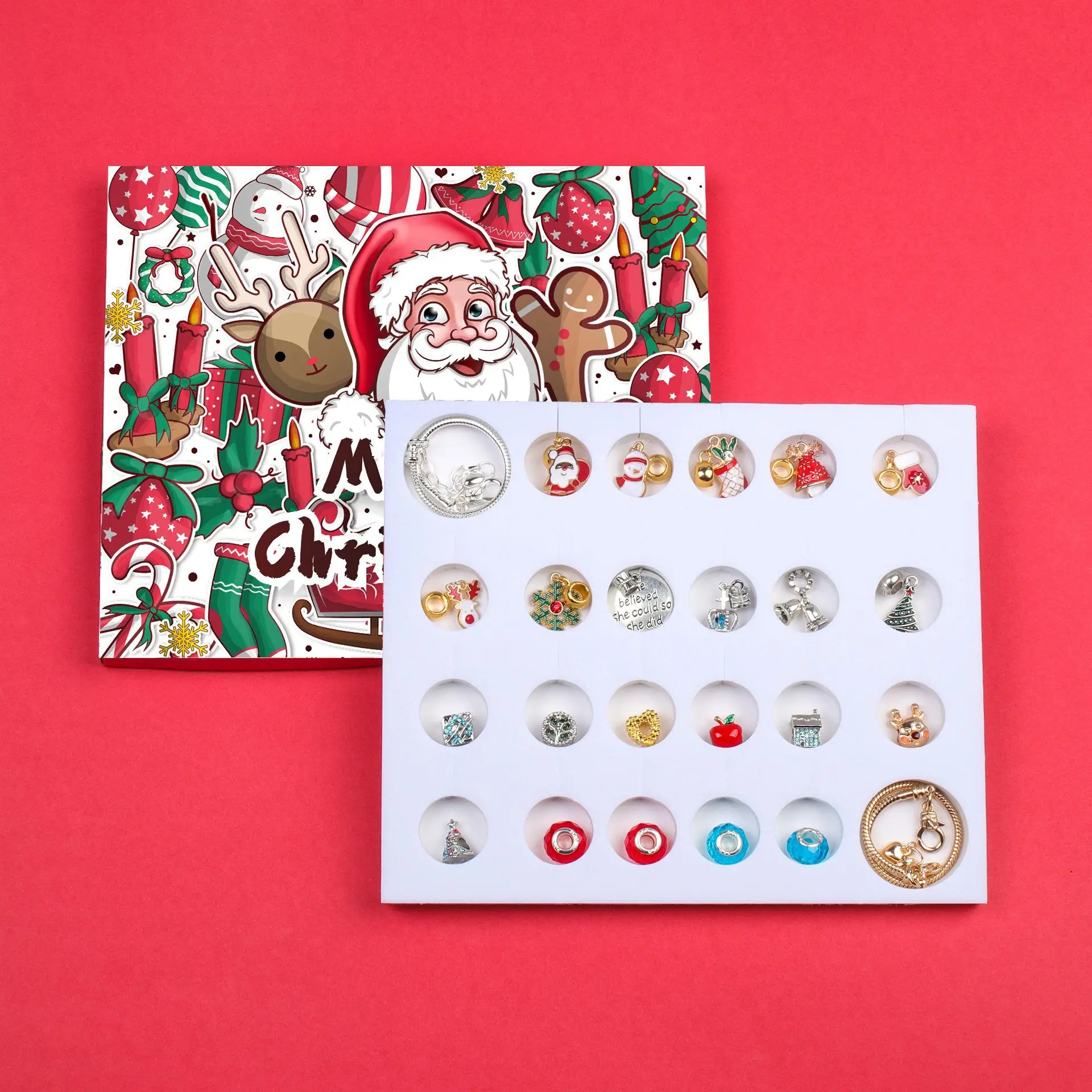 Conjunto de caixa cega surpresa 24 calendário de contagem regressiva advento natal encantos pulseira conjunto diy ornamentos criativos presentes de natal da criança