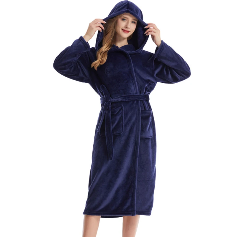 Flannel Hooded Robe for Women Coral Fleece Bathrobe Gown Sleepwear Autumn Winter Thicken Warm Lounge Wear Home Dressing Gown