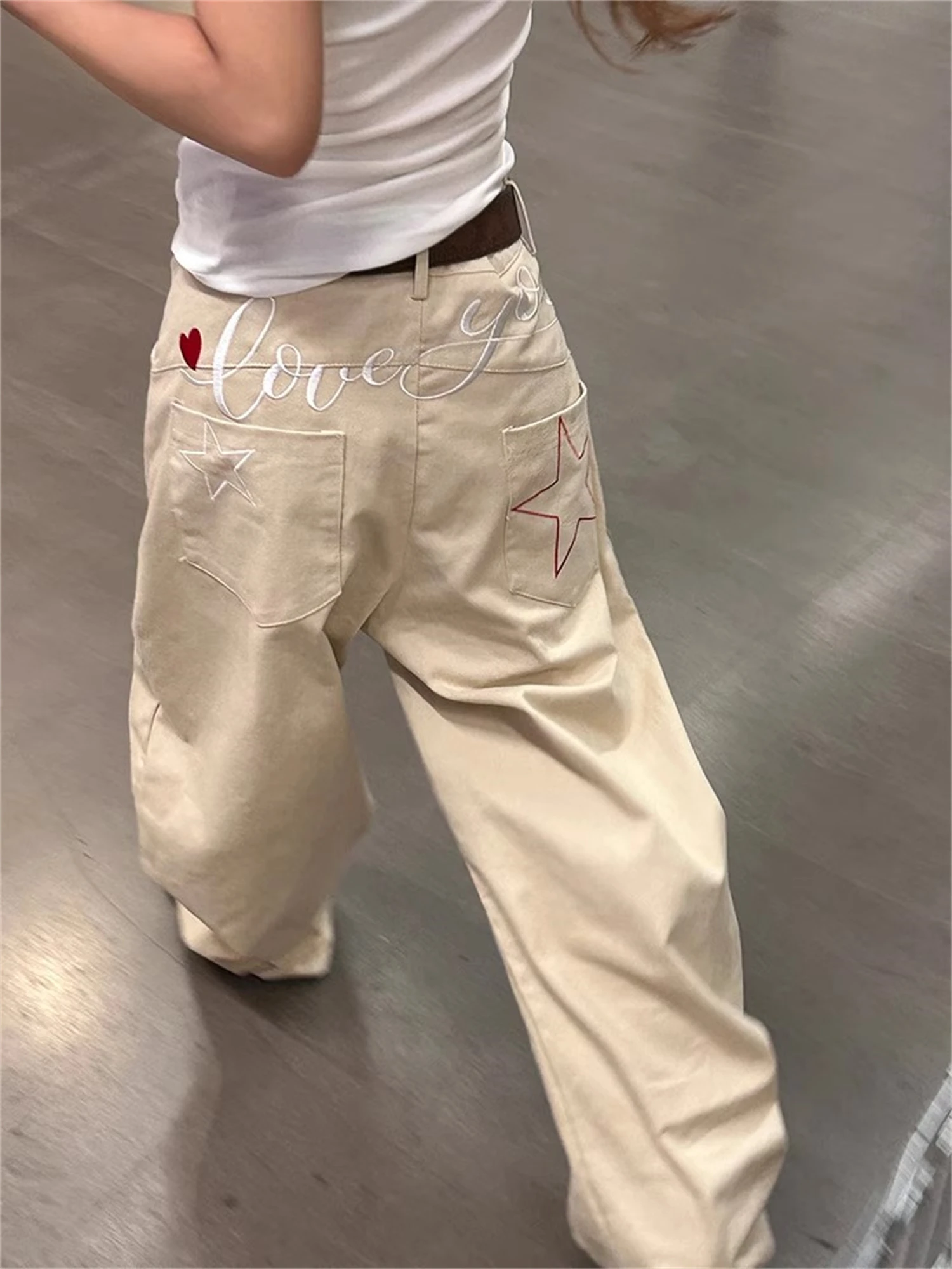 Women's Oversized Wide Leg Pants Embroidered Heart Star Vintage Streetwear Casual Trendy 2025 Ladies Loose Fit Daily Trousers