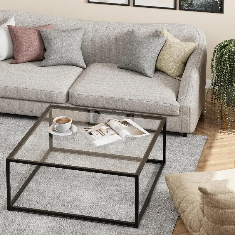 Glass Coffee Table for Living Room,Square Coffee Tables for Small Spaces,Simple Tea Cocktail Modern Center Tables