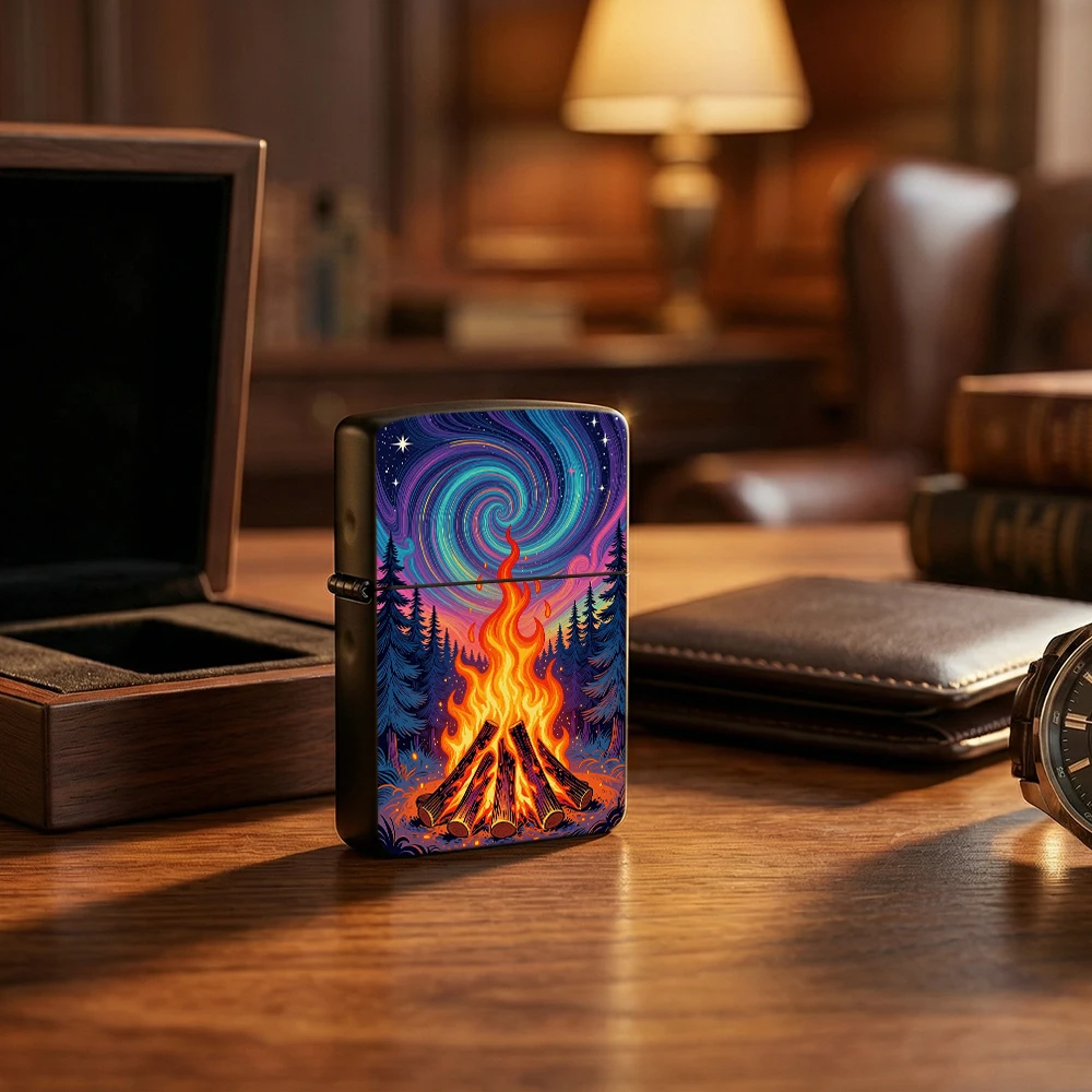 Vintage Collectible Lighters - Flip Top Lighter Campfire Forest Psychedelic
