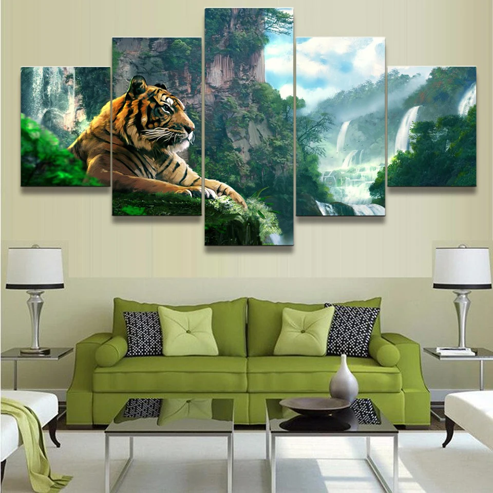 

5 Panels Canvas Wall Arts Animal Poster Painting Landscape Mountain Waterfall Picture Print Home Decoration Living Room Artwork