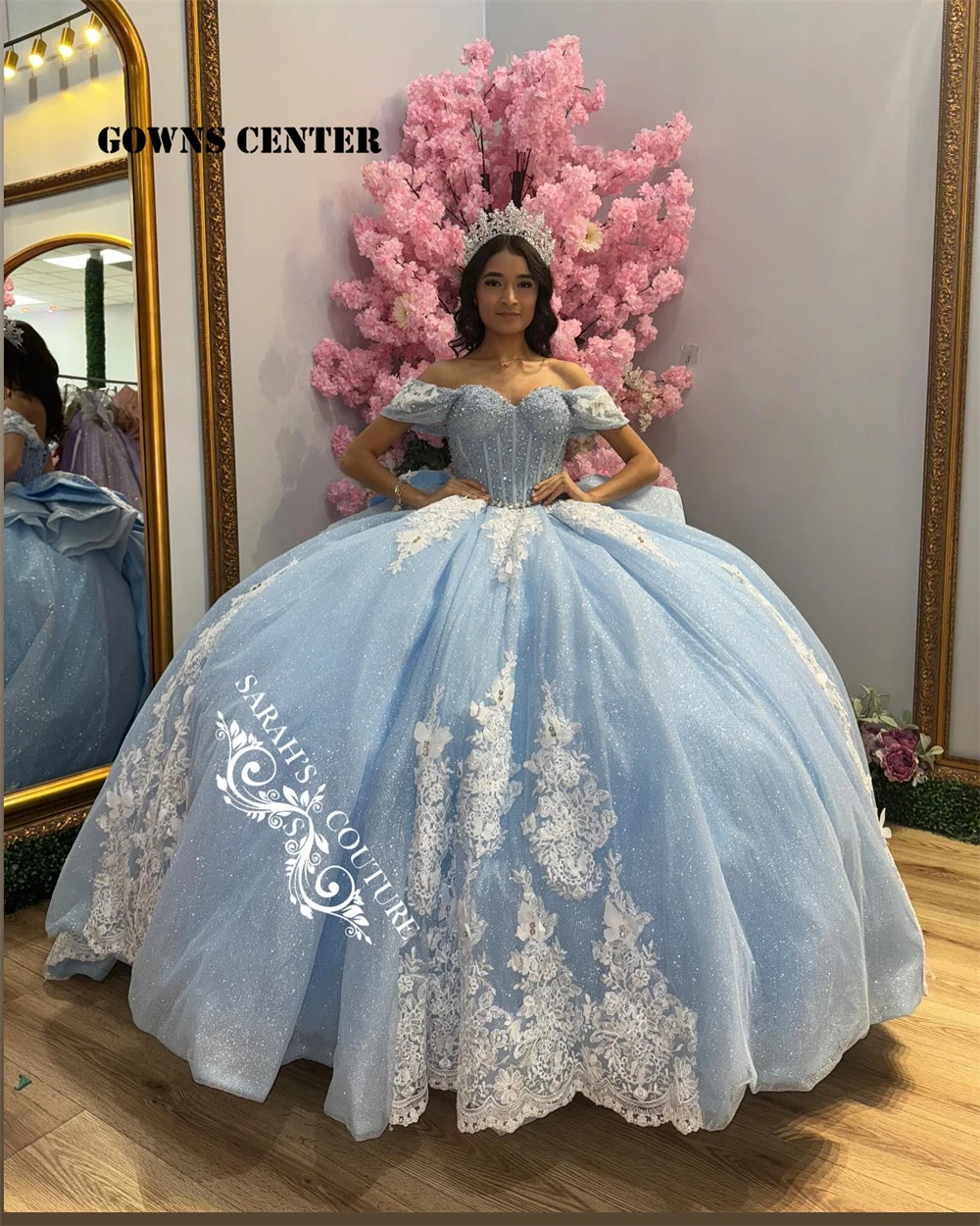 

White Lace Applique Baby Blue Quinceanera Dress 2024 Ball Gown Sweet 16 Dresses Princess vestidos de 15 quinceañera Customized