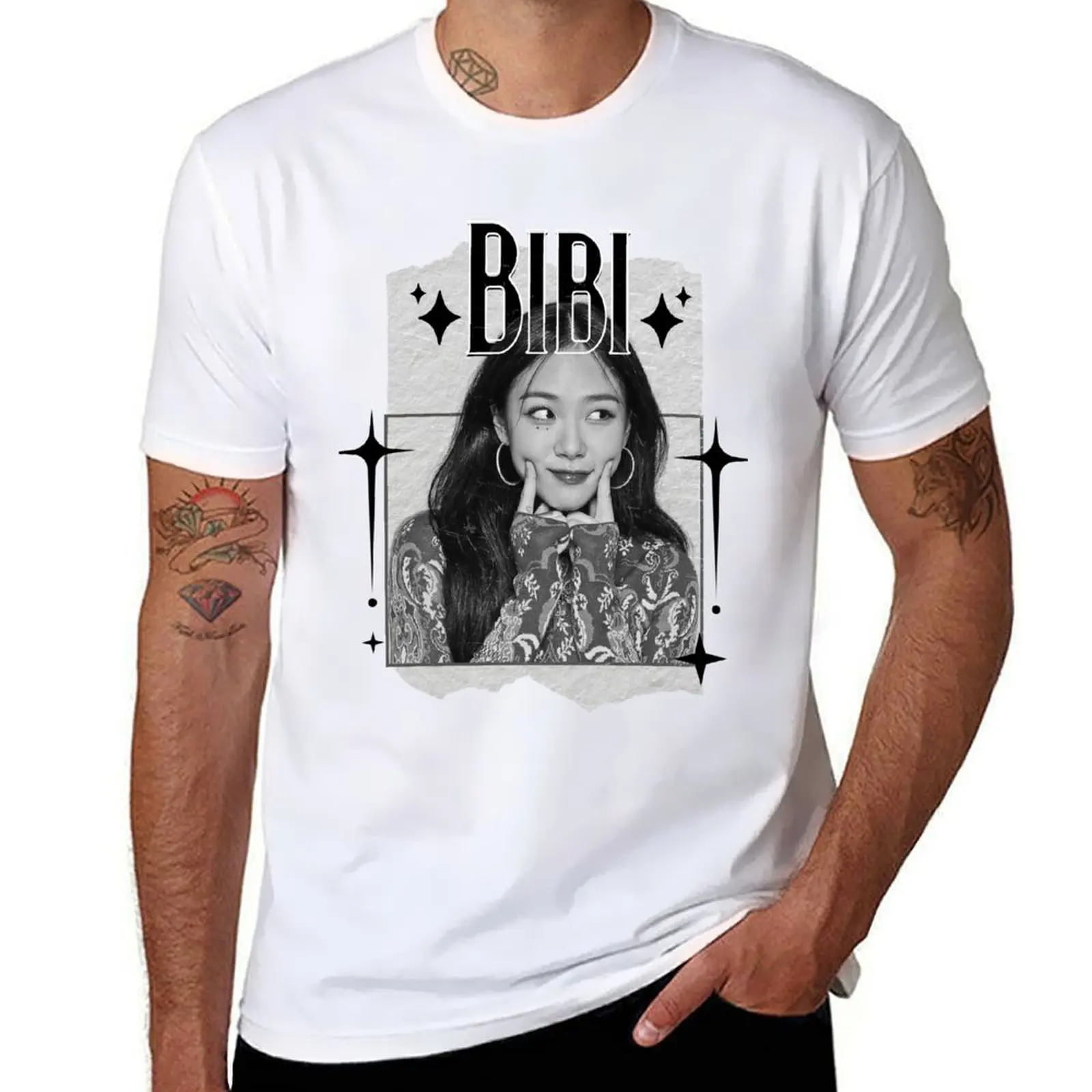 

Bibi Kpop Female Soloist Monochrome Black and White Collage Art Design T-Shirt Classic Crew Neck Cotton T-Shirt