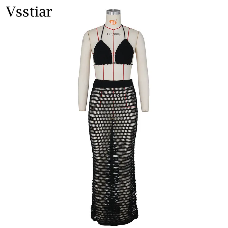 Vsstiar-mulheres crochê malha duas peças set, sexy, aberto, roupas de praia, biquíni cover-up, sutiã de férias e saias longas