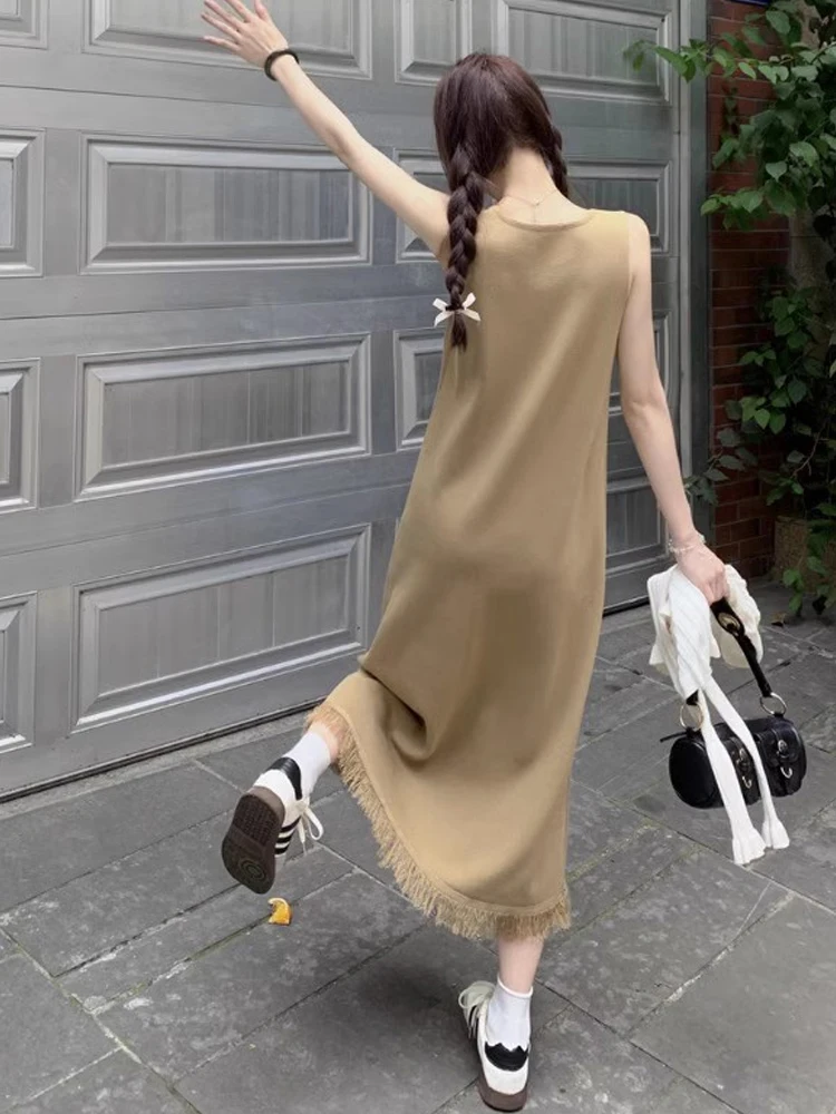 Women's Apricot Knitted Cloth Sling Dress New Style Summer Coat Underwear With Tassel Sleeveless Tank Top Solid Long Dresses