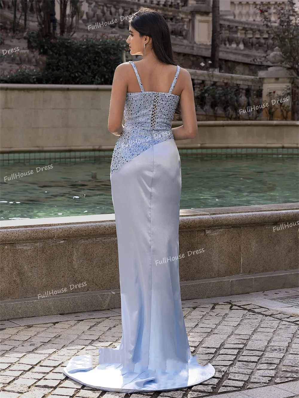 Custom Made Spaghetti Straps Pleated Sequins Evening Gown Sexy Mermaid Lace up Back Side Split Party Dress with Train