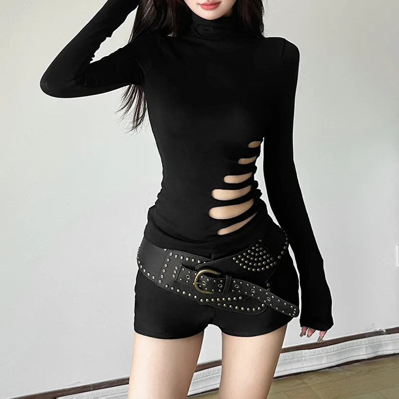 Goth Dark Alt Techwear Autumn Chic Y2k High Neck Long Sleeve Pullover Tops Sexy Hollow Out Solid T-shirt Women Slim Gothic Cloth