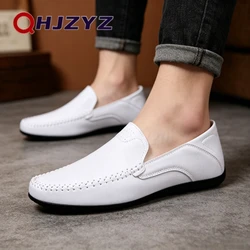 Sapato de couro luxuoso masculino, mocassins macios italianos, mocassins artesanais, deslizamento respirável, sapato de barco, casual, 2023