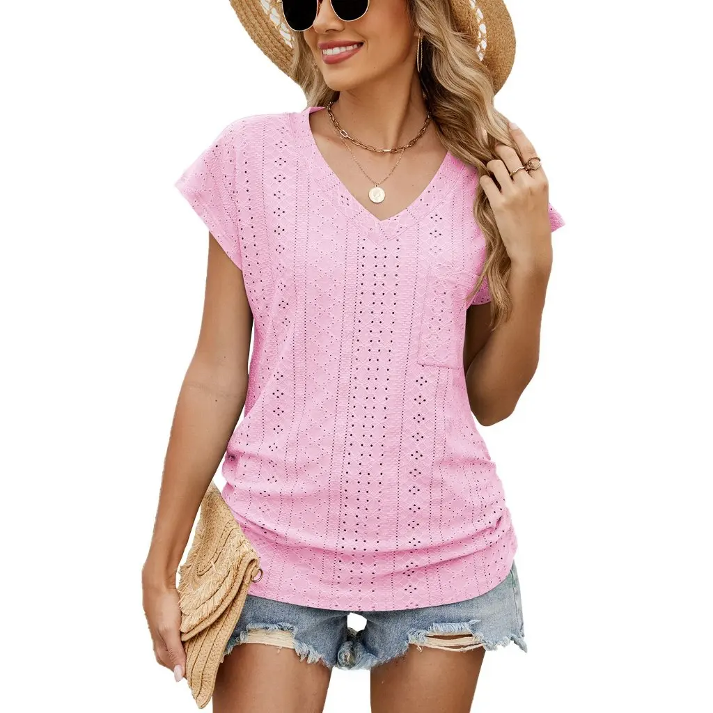 

Women's Solid Color V-Neck Pocket T-Shirt Short Sleeve Spring Summer New Fashion Top from Europe & US Trade