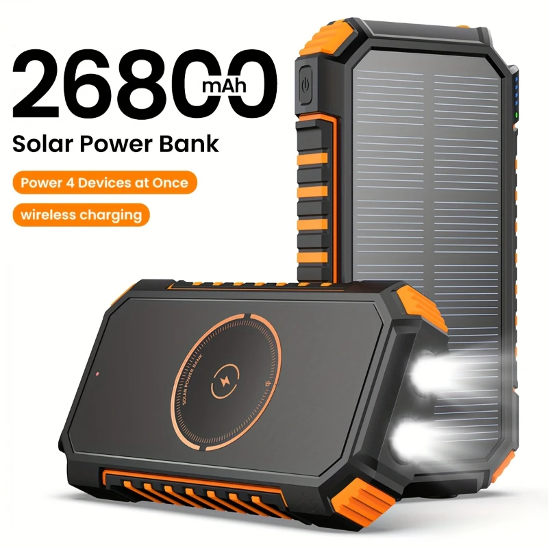 26800mAh Solar Power Bank Wireless Portable Charger with Strong LED Light 2USB Ports for Outdoor Emergency Use for Xiaomi IPhone