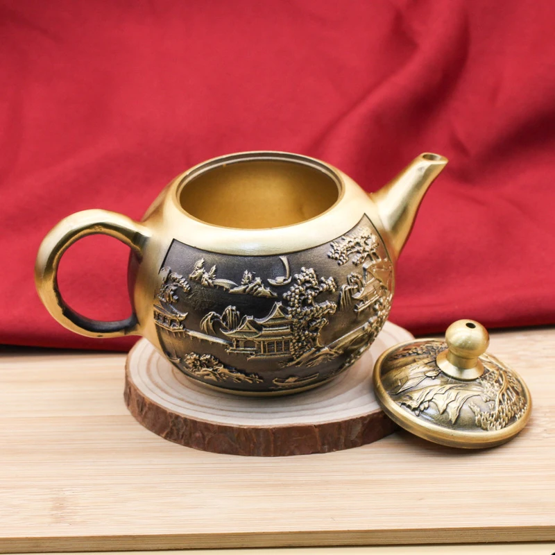 Chinese Large Capacity Copper Teapots Vintage Landscape Water  Kettles Tea Pot Heat-resistant Home Office Creative Ornaments