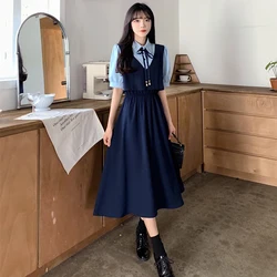 Fake Two Pieces Long Dresses For Women Summer Female Lapel Collar Short Sleeve Large Size Casual Polyester Blue Preppy Vestidos