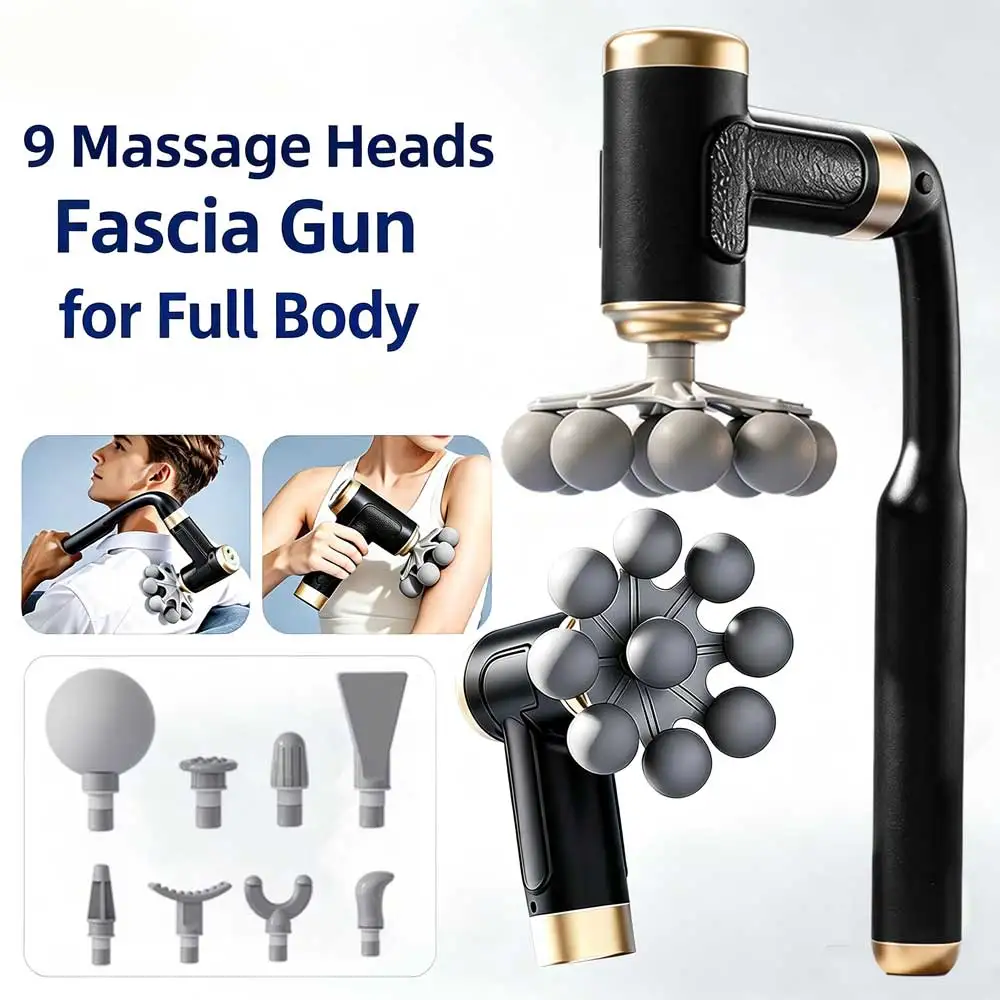 2-in-1 Long&Short Handle Fascia Gun Cordless Deep Tissue Massage Gun 9 Heads Powerful Percussion Massager for Muscle Relaxation