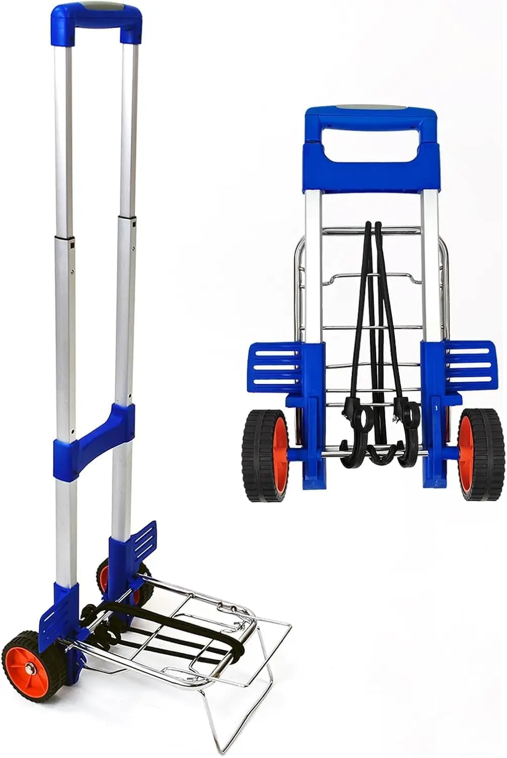 

Small Folding Luggage Cart, Lightweight Aluminum Portable Hand Truck with 2 Elastic Straps & 2 Wheels, Adjustable Height