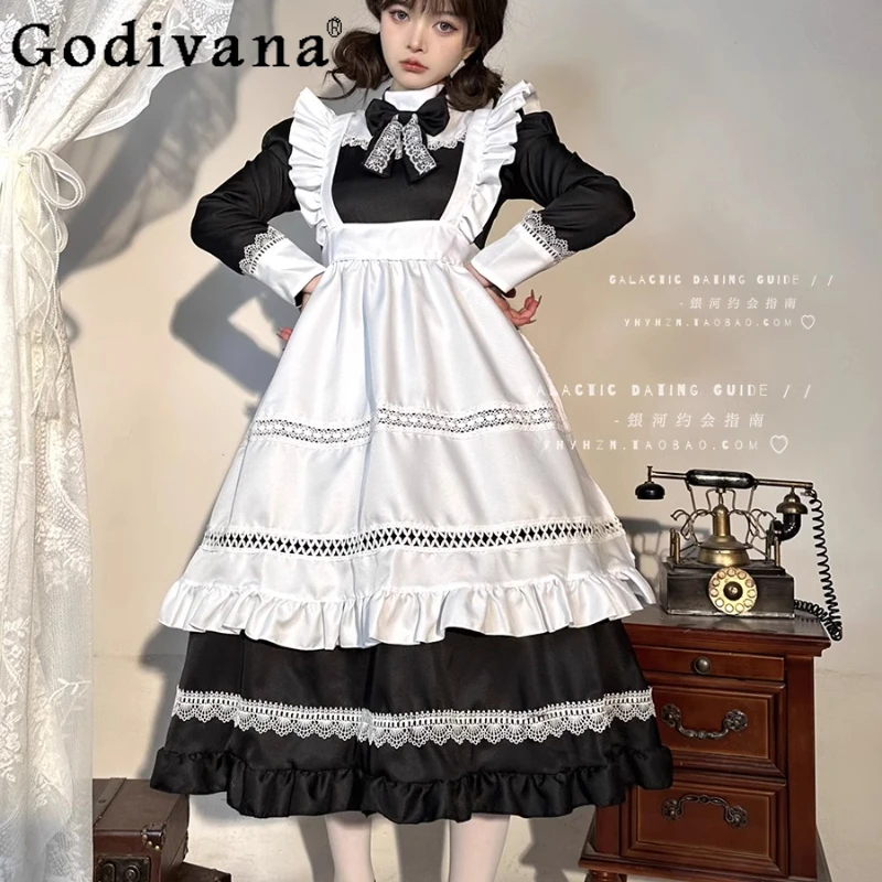

L-5XL Lolita Large Size British Black White Maid Dress Long Sleeve Cosplay Girl Lace Ruffles Heavy Industry Sweet Long Dresses